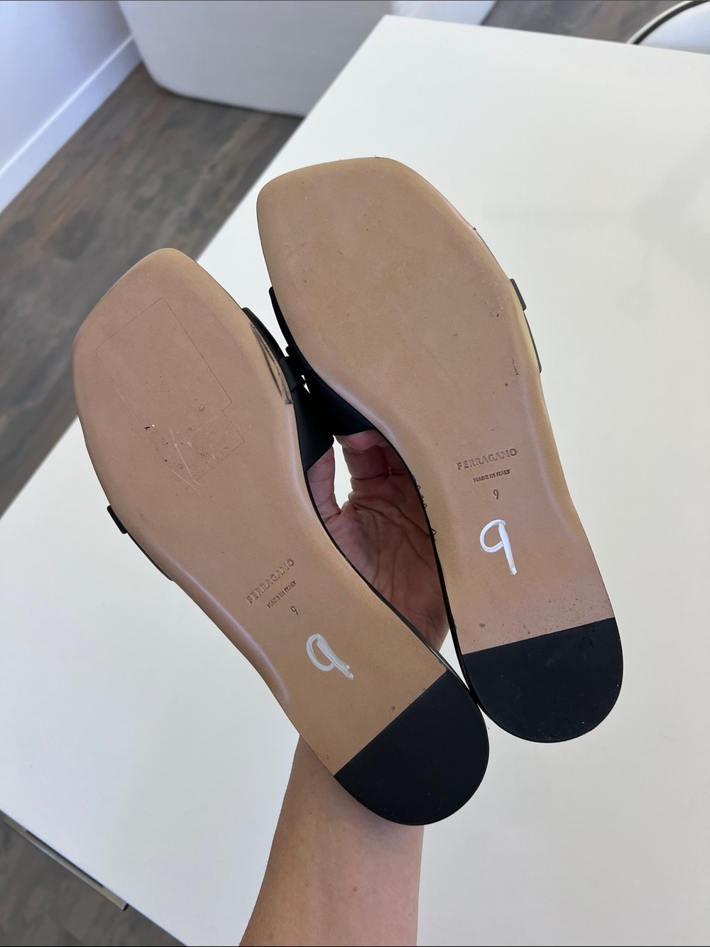 Ferragamo black leather with gold tone hardware open toe flat sandals slides 9C - Picture 2 of 11